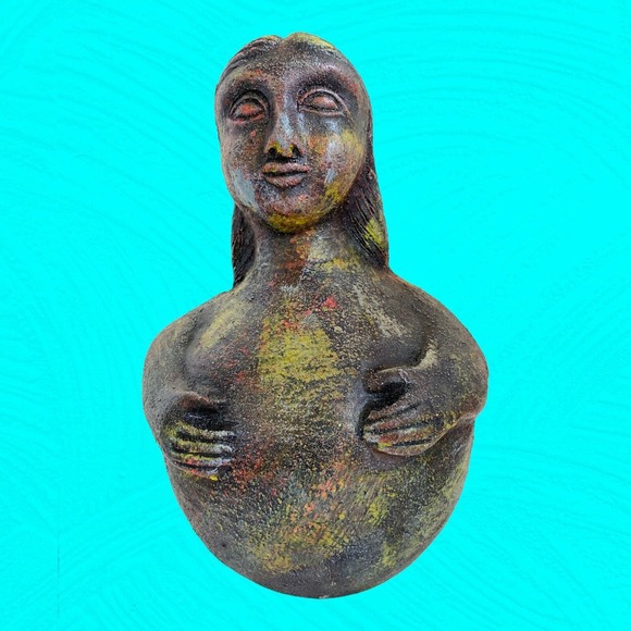 Vtg Peruvian Folk Art Pottery Figurine Chulucanas 10” Black Multicolor Overwash - Picture 2 of 11